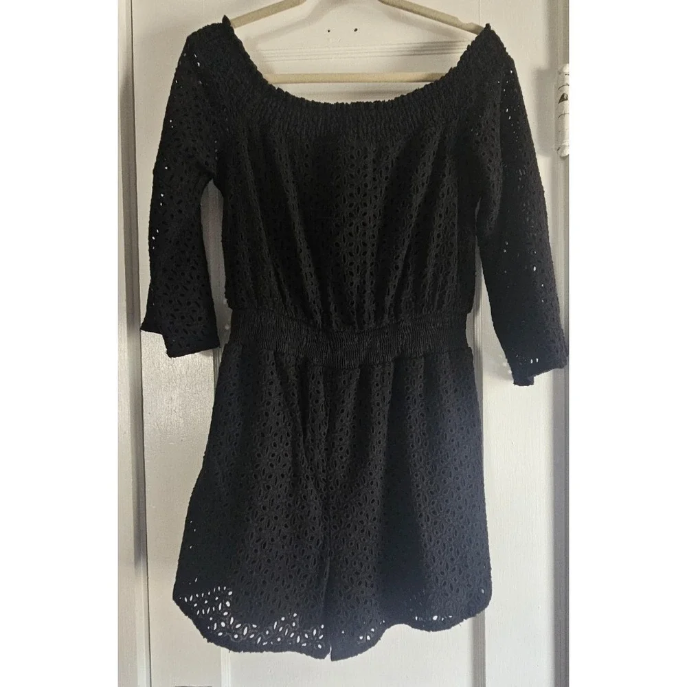 CHLOE Oliver Anthropologie 3/4 sleeves off the shoulder eyelet romper black 8